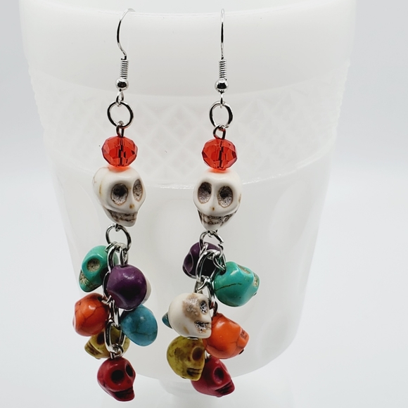 New natural stone day of the dead skull colorful earrings long - Picture 9 of 12